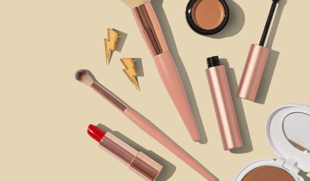 Makeup products arranged for a simple everyday makeup routine