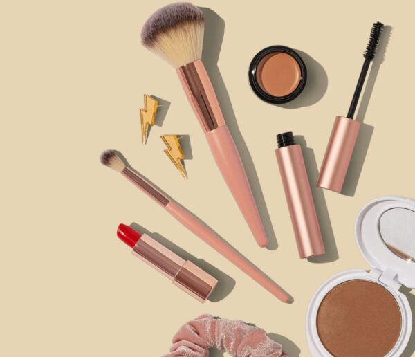 Makeup products arranged for a simple everyday makeup routine